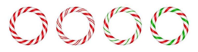 Christmas candy cane circle frame with red and green striped. Xmas border with striped candy lollipop pattern. Blank christmas and new year template. Vector illustration isolated on white background