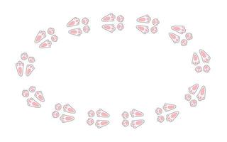 Rabbit or hare footprint trail. Easter bunny foot prints. Rabbit paw steps. Hare steps track on snow. Blank round frame template. Vector illustration isolated on white background in flat style