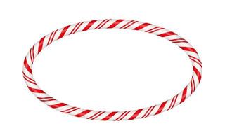 Christmas candy cane oval frame with red and white striped. Xmas border with striped candy lollipop pattern. Blank christmas and new year template. Vector illustration isolated on white background