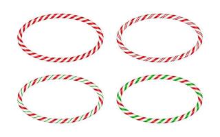 Christmas candy cane oval frame with red and green striped. Xmas border with striped candy lollipop pattern. Blank christmas and new year template. Vector illustration isolated on white background