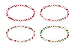 Christmas candy cane oval frame with red and green striped. Xmas border with striped candy lollipop pattern. Blank christmas and new year template. Vector illustration isolated on white background