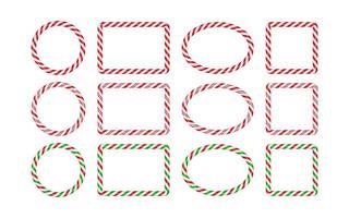 Christmas candy cane frames with red and green striped. Xmas circle, oval, square border with striped candy lollipop pattern. Blank christmas template Vector illustration isolated on white background
