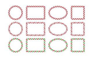 Christmas candy cane frames with red and green striped. Xmas circle, oval, square border with striped candy lollipop pattern. Blank christmas template Vector illustration isolated on white background