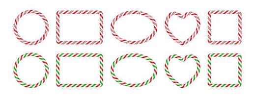 Christmas candy cane frames with red and green striped. Xmas circle, oval, square border with striped candy lollipop pattern. Blank christmas template Vector illustration isolated on white background