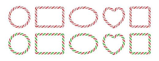 Christmas candy cane frames with red and green striped. Xmas circle, oval, square border with striped candy lollipop pattern. Blank christmas template Vector illustration isolated on white background