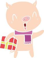 happy flat color style cartoon pig with xmas present vector