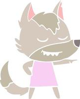 chica lobo de dibujos animados de estilo de color plano amigable señalando vector