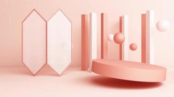 Minimal scene with podium and abstract background. Gold and pastel color scene. Trendy for social media banners, promotion, cosmetic product show. Geometric shapes interior 3d animation loop video