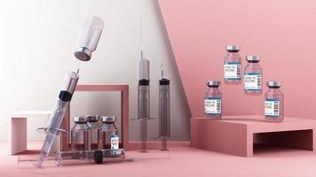 Kleine Impfstoffflasche für die Injektion des Coronavirus-Impfstoffs mit einer medizinischen Spritze auf pastellfarbenem Hintergrund und geometrischer Form 3D-Darstellung video
