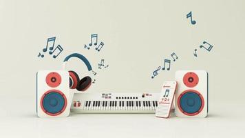 Electric piano keyboard surrounded by speakers, headphones, smart phone with song play list and music key note isolated on pastel background. 3d rendering animation loop video