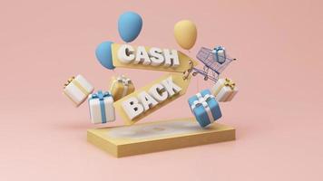 cashback-service, financieel betalingslabelconcept en geldbesparing, rijkdom over geld en financiële planning met een bundel geld, bankbiljetten en gouden munten op gele achtergrond. realistische 3D-weergave video