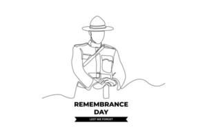 Continuous one line drawing a soldier bow their hands to remembrance day to show respect. Remembrance day concept. Single line draw design vector graphic illustration.