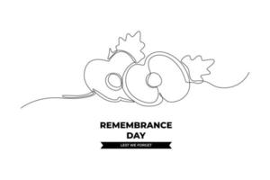 Continuous one line drawing flower poppy to symbolized remembrance day. Remembrance day concept. Single line draw design vector graphic illustration.