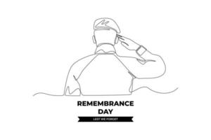 Continuous one line drawing a soldier salute back view to remembrance day to show respect. Remembrance day concept. Single line draw design vector graphic illustration.