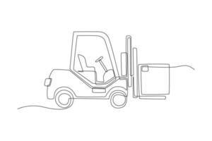 Single one line drawing forklift for carry box. Shipment and logistic concept. Continuous line draw design graphic vector illustration.