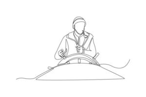 Single one line drawing man driving ship for controlling the boat. . Shipment and logistic concept. Continuous line draw design graphic vector illustration.