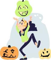 Cheerful cartoon teenager celebrating Halloween, holding a pumpkin over his head, dancing. vector
