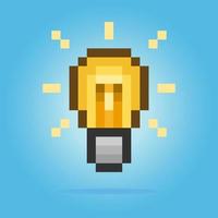 8 bit pixel light bulb. game asset object in vector illustration.