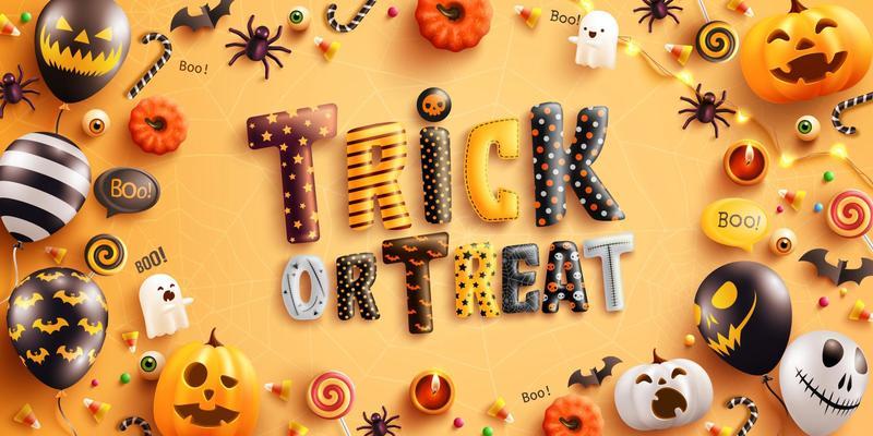 Halloween Trick or Treat Poster with Halloween Ghost Balloons and Pumpkin.Scary air balloons,candy and Halloween Elements on yellow background.Website spooky,Background or banner Halloween template.