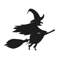 Young witch flying on a broomstick silhouette vector