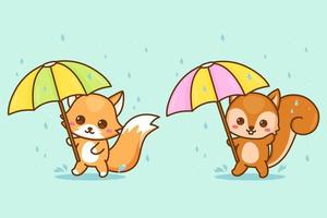 cute animal under the umbrella in the rain vector