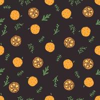 Seamless christmas pattern. New year background. Doodle illustration with christmas tree and orange icons vector