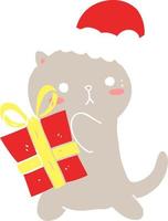lindo gato de dibujos animados de estilo de color plano con regalo de navidad vector