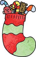 caricatura, garabato, calcetín navideño, lleno, de, juguetes vector