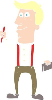 flat color illustration of a cartoon man with notebook and pen