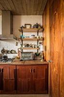 modern kitchen japandi style, kitchen shelves in natural wood, oak