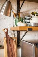 modern kitchen japandi style, kitchen shelves in natural wood, oak photo