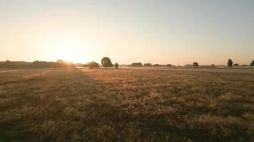 Sun rise shines over a landscape of fields and trees video