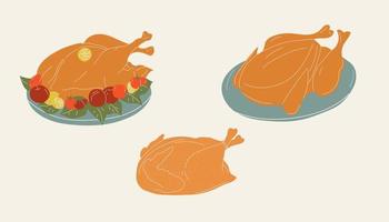 Set of baked turkey for thanksgiving day. Vector in cartoon style. All elements are isolated