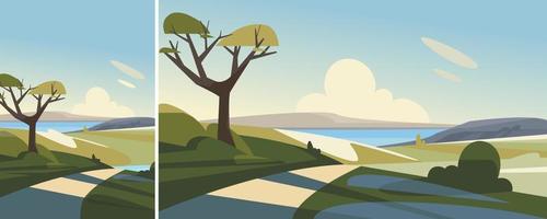 Spring landscape with road to the lake. Natural scenery in different formats. vector