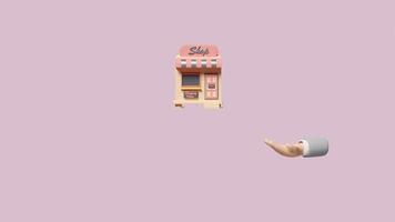 3D-Gebäude Ladenfront mit Geschäftsmannhänden, die Münze isoliert auf rosa Hintergrund halten. Startup-Franchise-Geschäft, Geld sparen, Geschäftswachstumskonzept, 3D-Animation