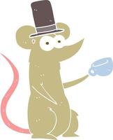 flat color illustration of a cartoon mouse with cup and top hat vector