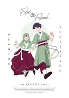 Korean Muslim couple illustration wearing traditional maroon dress vector