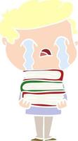 flat color style cartoon man crying over stack of books vector