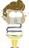 flat color style cartoon crying student with stack of books vector