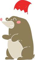 flat color illustration of a cartoon bear wearing christmas hat vector