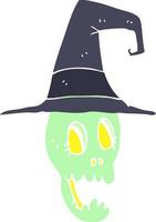 flat color illustration of a cartoon skull wearing witch hat vector