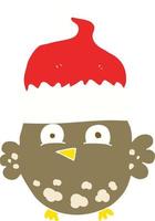 flat color illustration of a cartoon owl wearing christmas hat vector