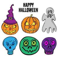 conjunto vectorial de cabezas de personajes de halloween que incluye una calabaza, un fantasma, un zombi, un esqueleto vector