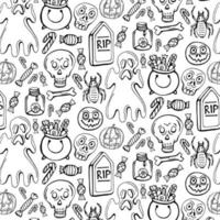 Vector Halloween seamless pattern. Black icons of skull, spider, web, pumpkins, cauldron. Design elements for halloween party poster. Flat cartoon illustration. Objects isolated on a white background.