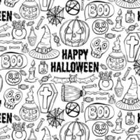 Vector Halloween seamless pattern. Black icons of skull, spider, web, pumpkins, cauldron. Design elements for halloween party poster. Flat cartoon illustration. Objects isolated on a white background.