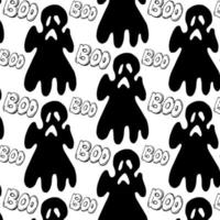 Halloween festivepattern. Black endless background with smiling cute ghosts, vector