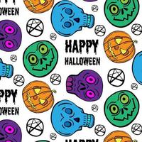 Vector Halloween seamless pattern. Black icons of skull, spider, web, pumpkins, cauldron. Design elements for halloween party poster. Flat cartoon illustration. Objects isolated on a white background.