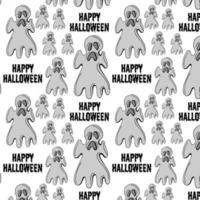 Halloween festivepattern. Black endless background with smiling cute ghosts, vector