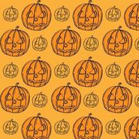 Halloween cartoon pumpkins pattern background. Vector Happy Halloween greeting card and trick or treat party design of pumpkin lantern with skull monster fire eyes and evil face carving