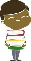 flat color style cartoon smiling boy with stack of books vector